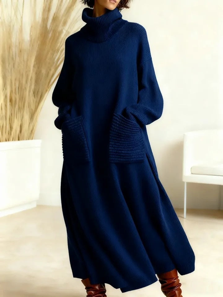 Freya™ – High-Neck Long-Sleeve Woolen Knit Dress