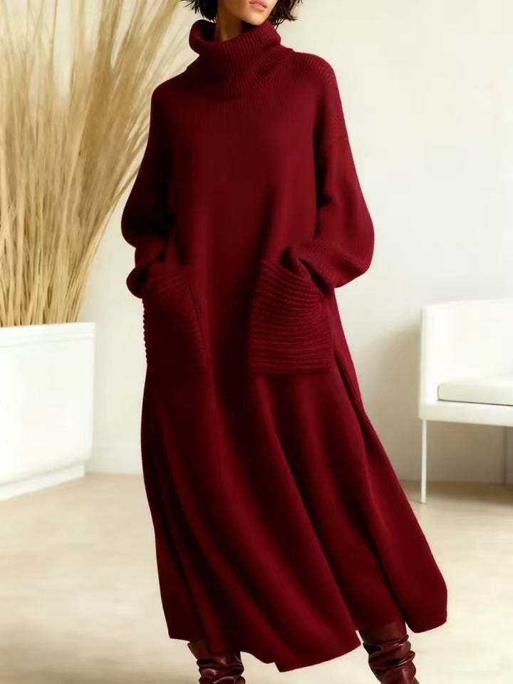 Freya™ – High-Neck Long-Sleeve Woolen Knit Dress