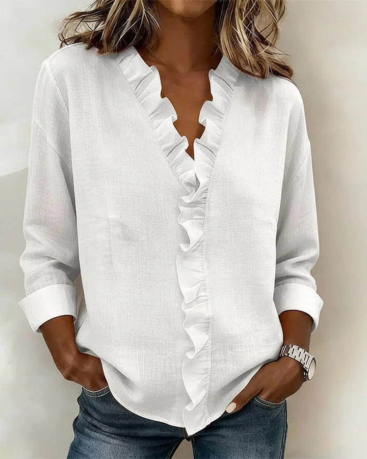 Scarlett | Blouse with Ruffles, V-Neck and Long Sleeves