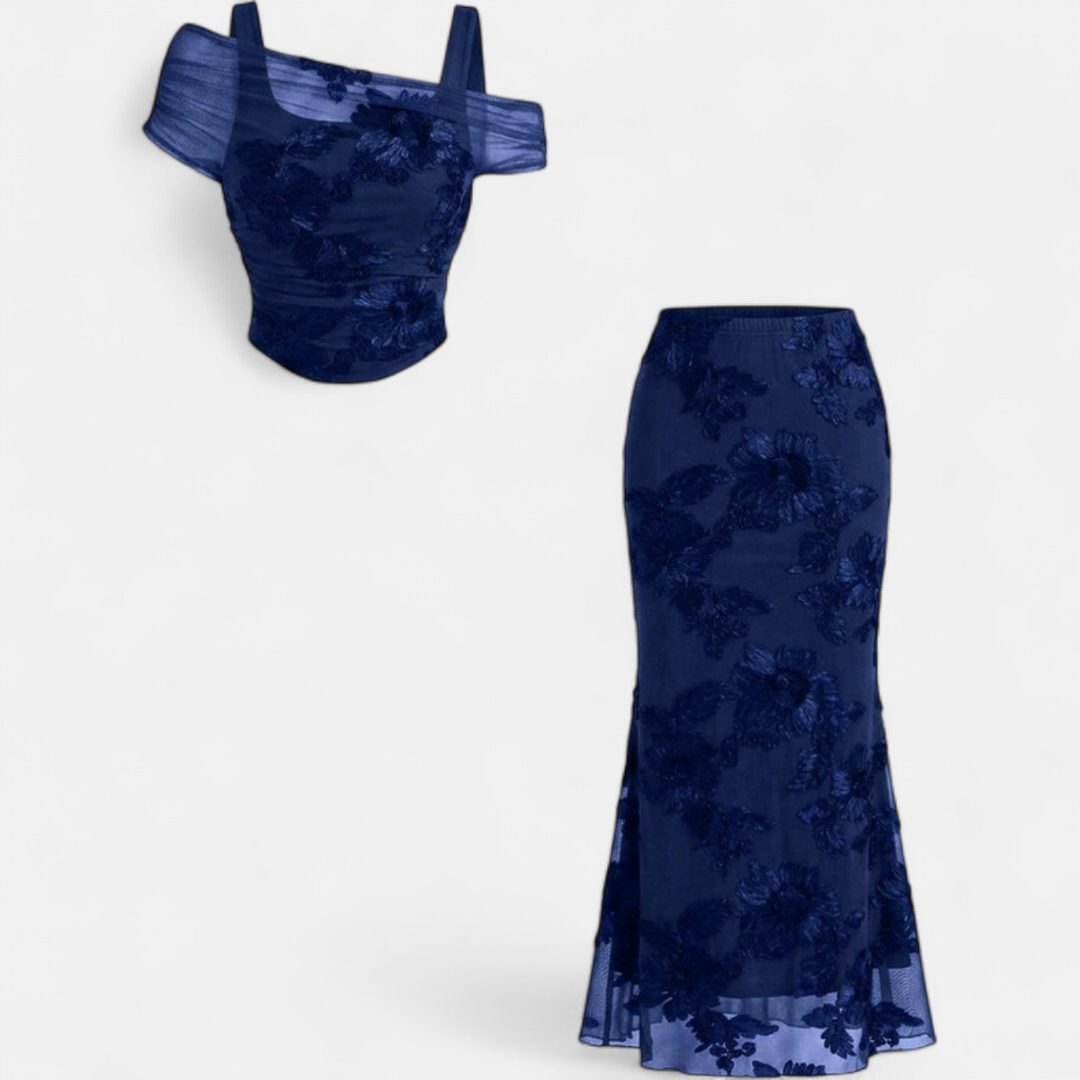 Women's Mesh Embroidered Off Shoulder Mermaid Maxi Dress Set