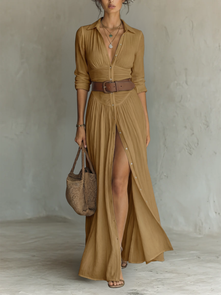 Abito Maxi Lungo con Collo a Revers e Maniche Lunghe in Lino per Donna