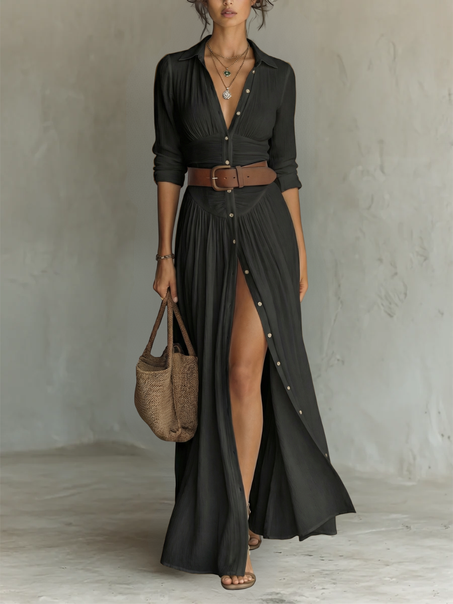 Abito Maxi Lungo con Collo a Revers e Maniche Lunghe in Lino per Donna