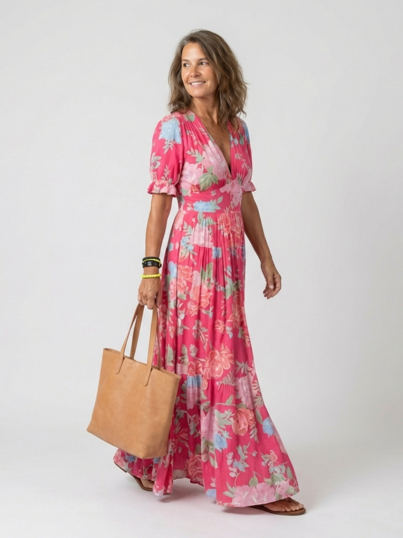 Ione | Sleeveless Floral Midi Dress with V-Neckline