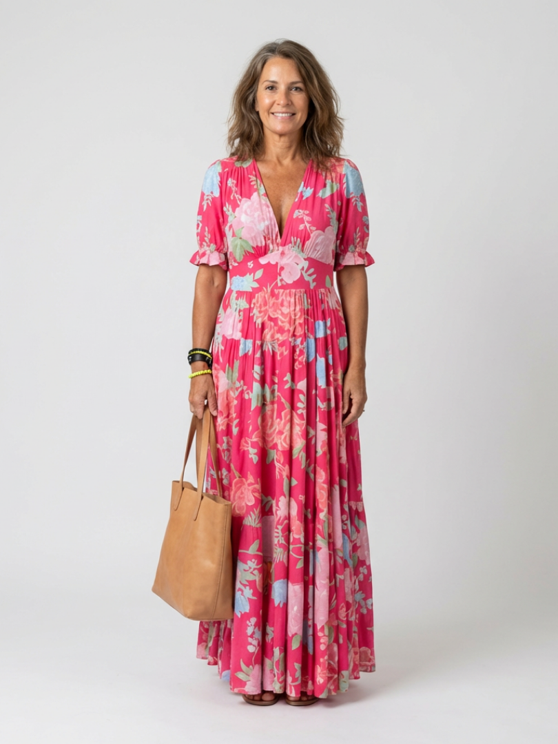 Ione | Sleeveless Floral Midi Dress with V-Neckline