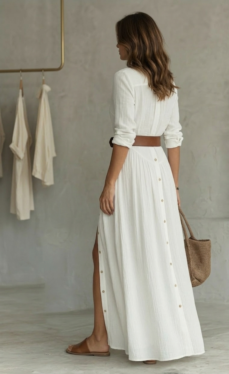 Abito Maxi Lungo con Collo a Revers e Maniche Lunghe in Lino per Donna