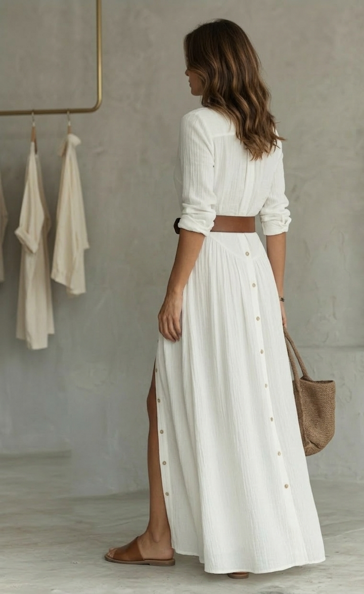 Abito Maxi Lungo con Collo a Revers e Maniche Lunghe in Lino per Donna