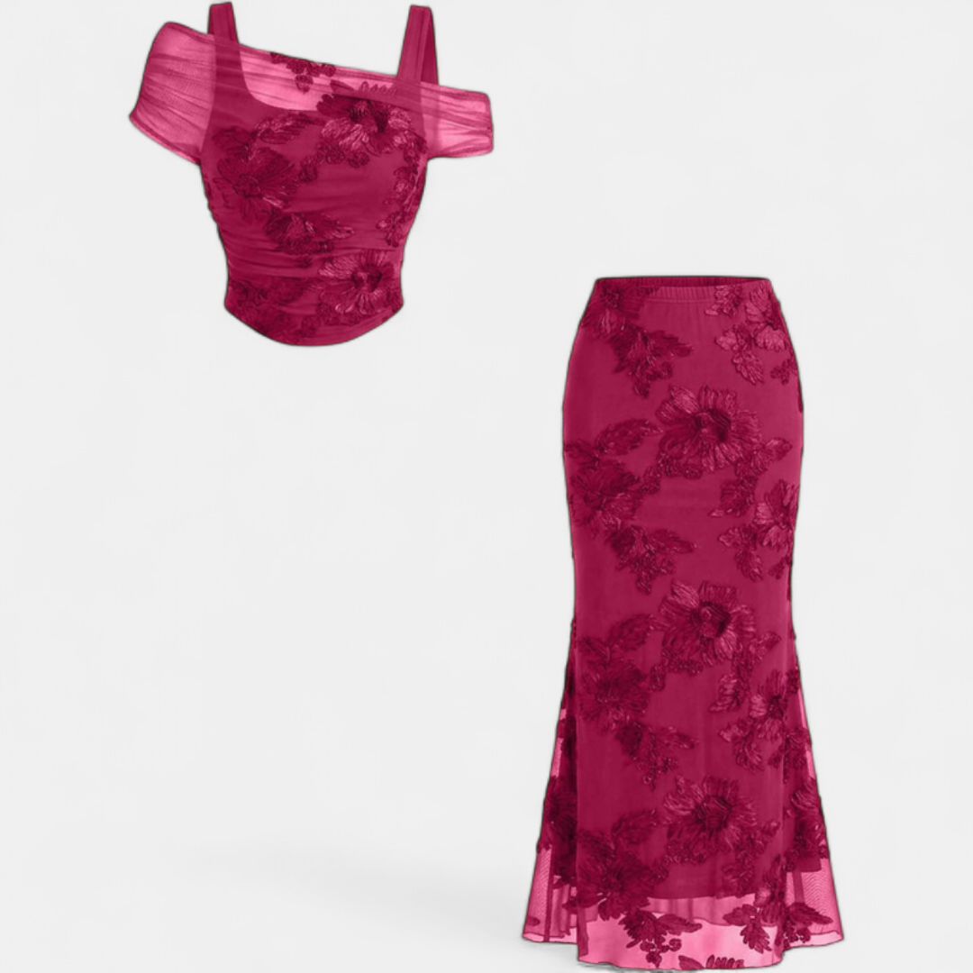 Women's Mesh Embroidered Off Shoulder Mermaid Maxi Dress Set