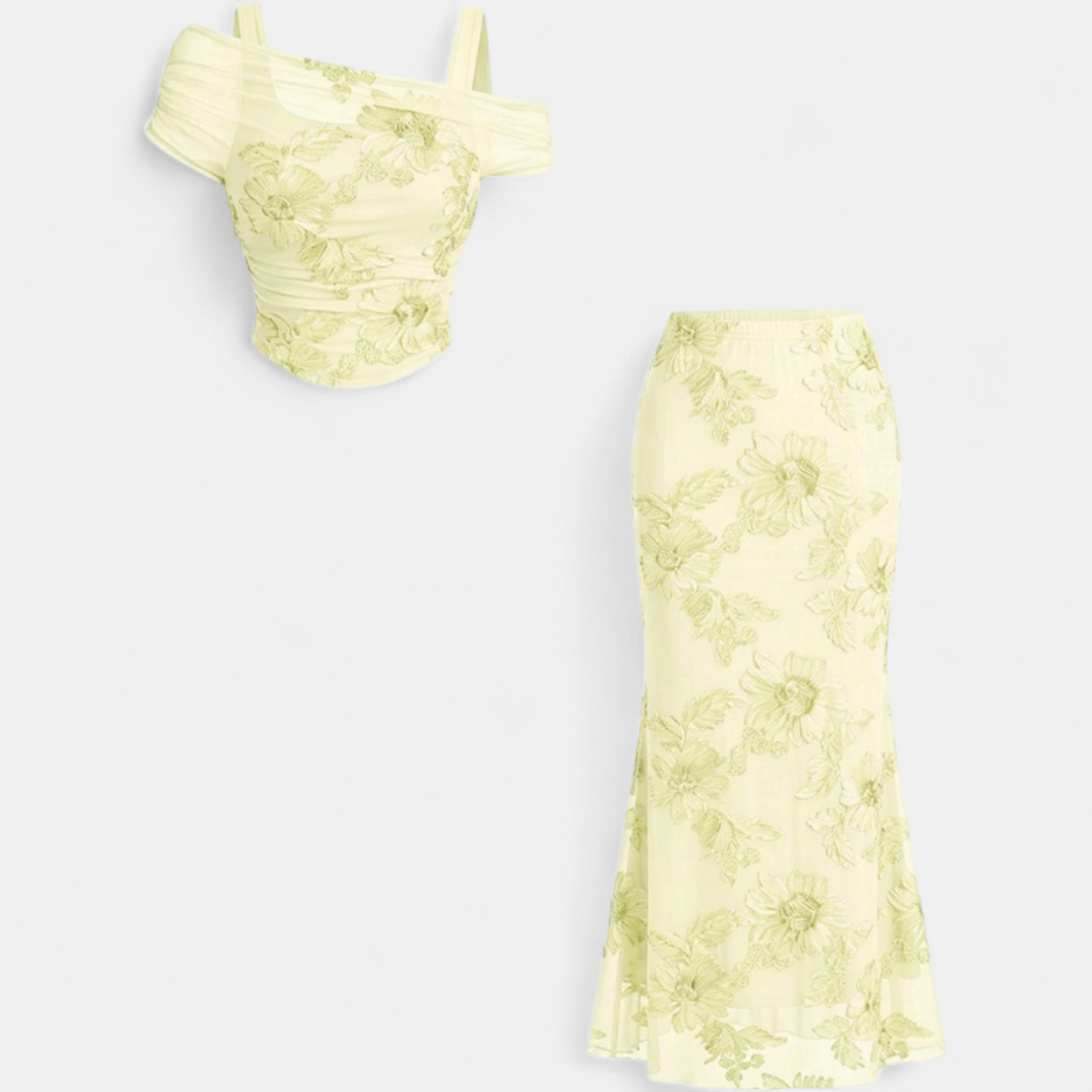 Women's Mesh Embroidered Off Shoulder Mermaid Maxi Dress Set