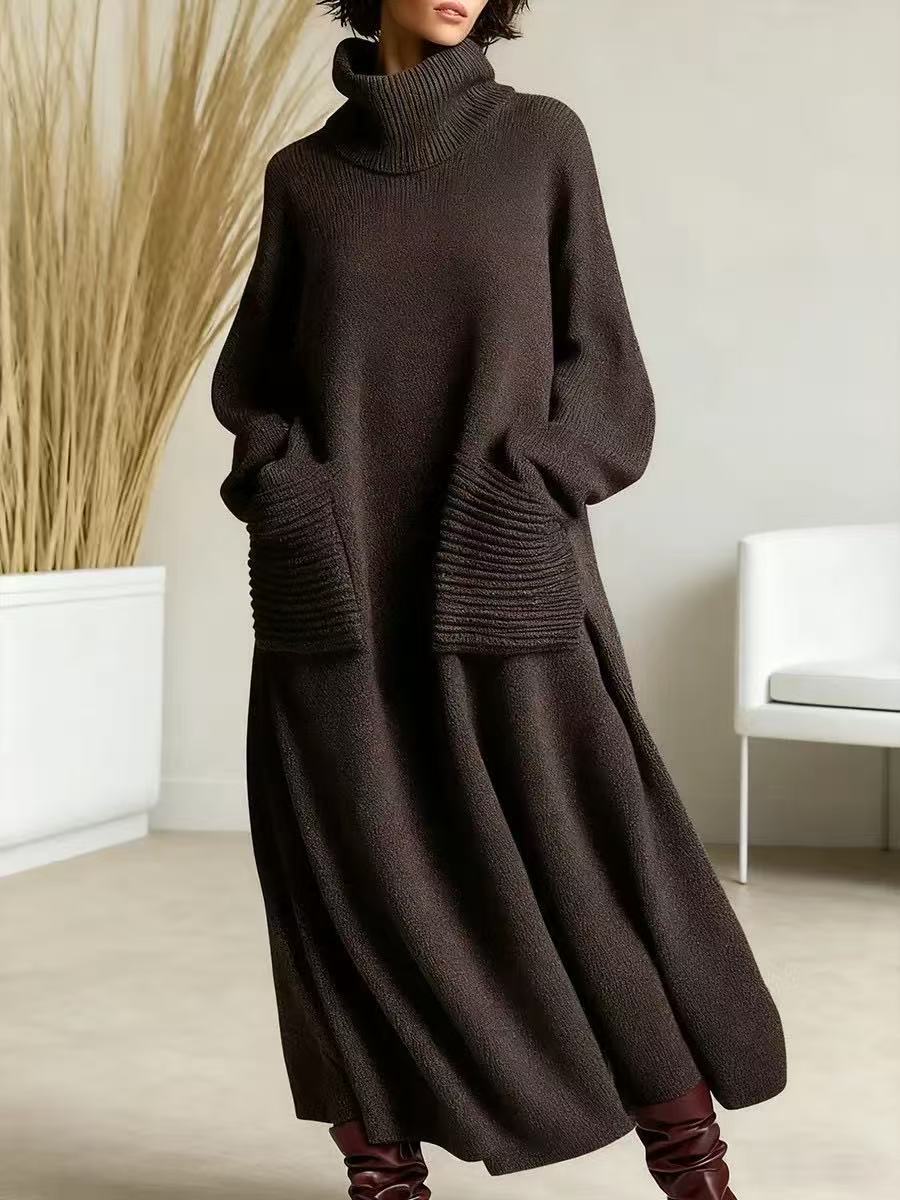 Freya™ – High-Neck Long-Sleeve Woolen Knit Dress