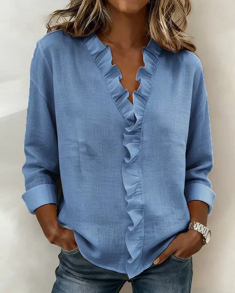 Scarlett | Blouse with Ruffles, V-Neck and Long Sleeves