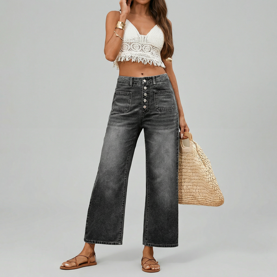 Women's Button Elastic Wide Leg Cropped Jeans | Relaxed Denim