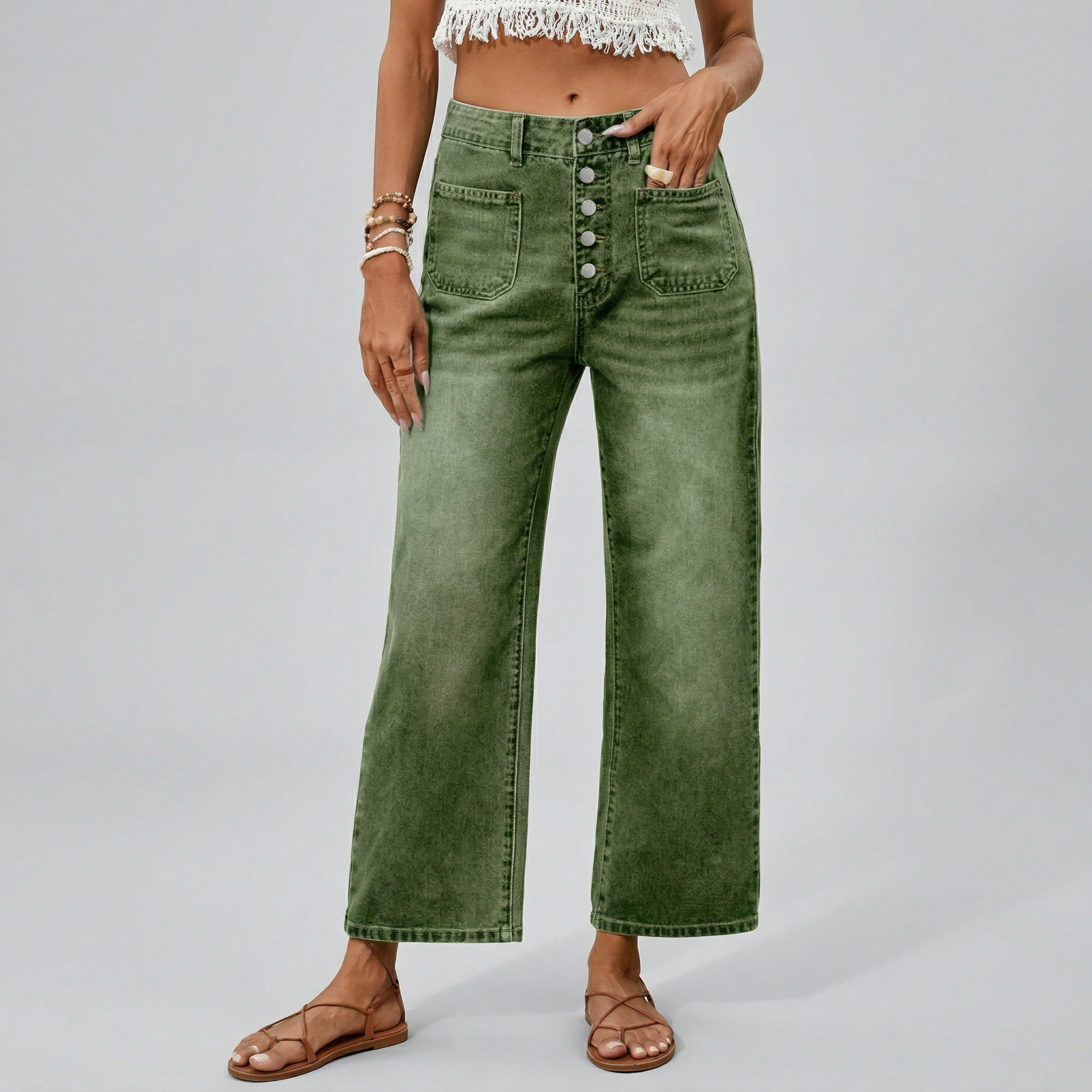 Women's Button Elastic Wide Leg Cropped Jeans | Relaxed Denim