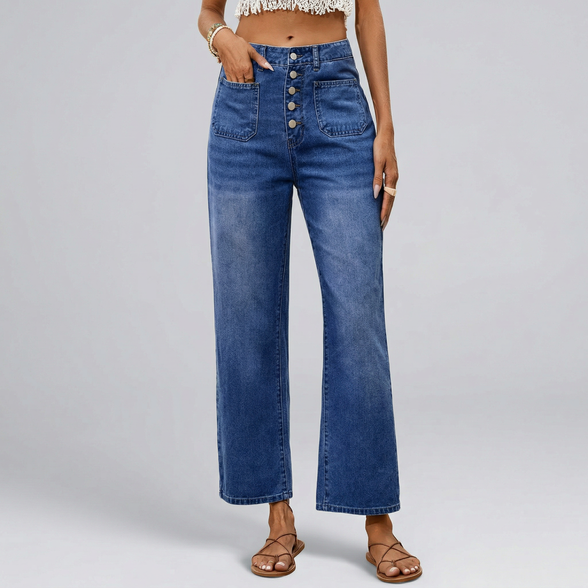 Women's Button Elastic Wide Leg Cropped Jeans | Relaxed Denim