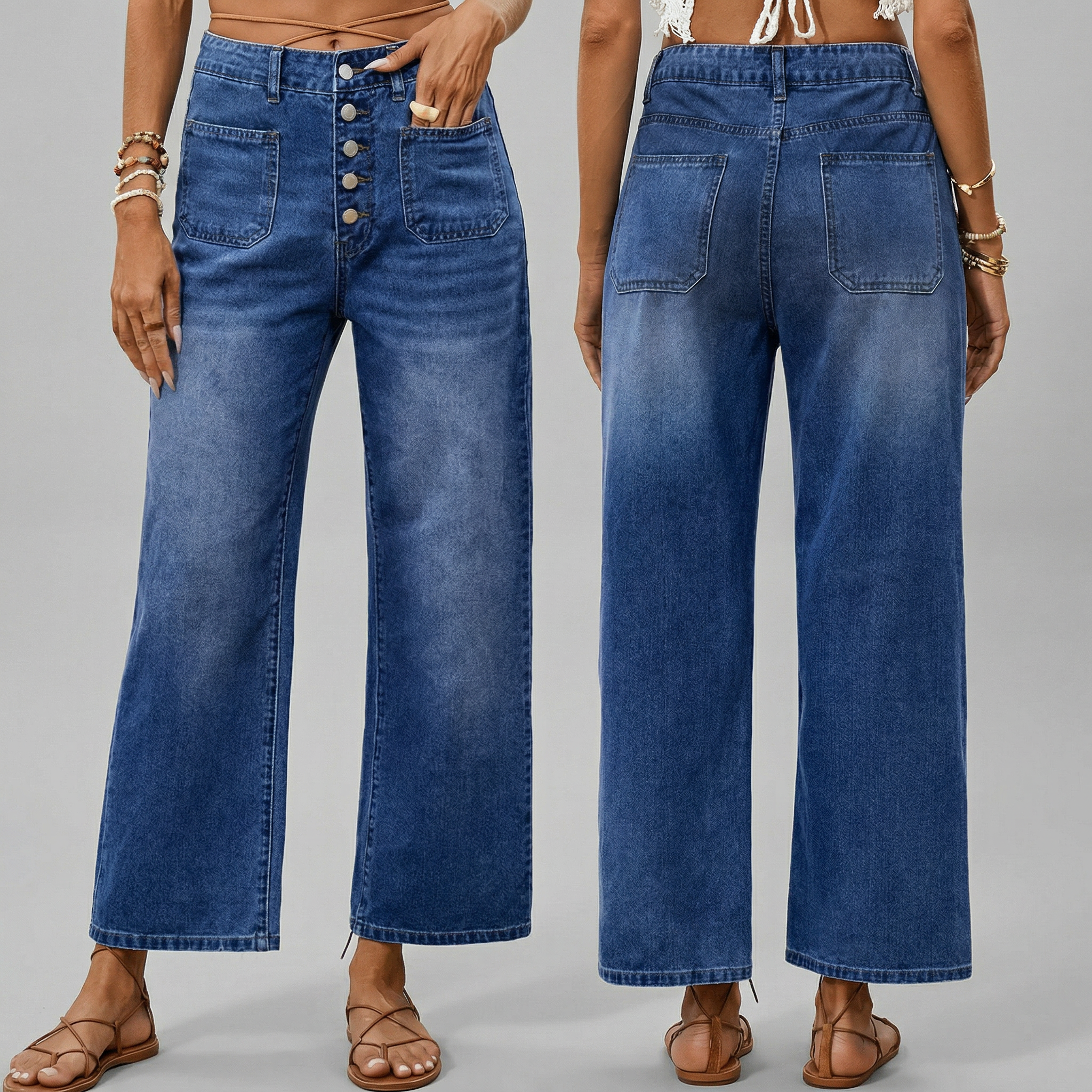 Women's Button Elastic Wide Leg Cropped Jeans | Relaxed Denim