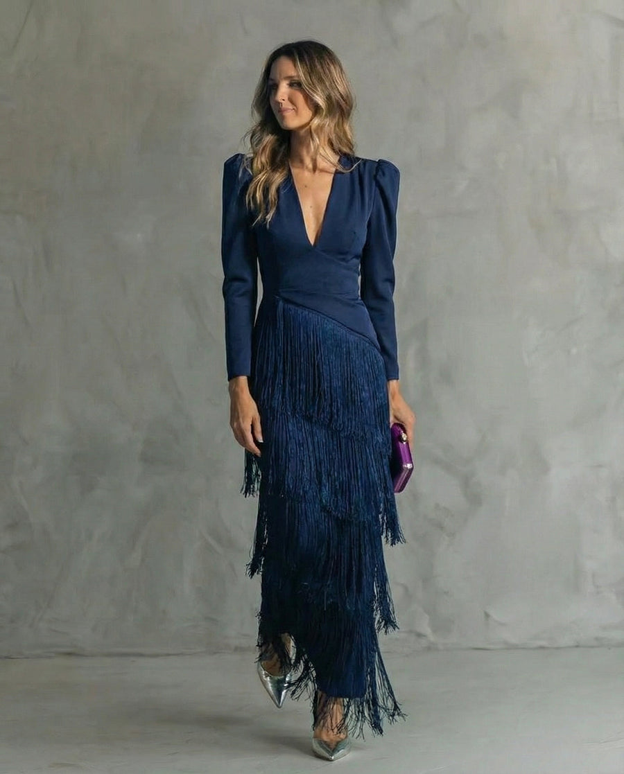 Clara | Abito midi elegante con maniche a frange